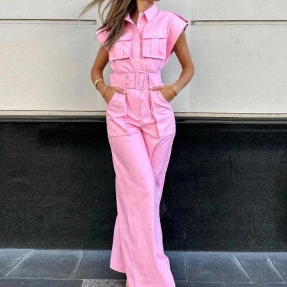 Pants - Jumpsuit for Women,Fashion Casual Solid Color Polo Pocket Design Long Jumpsuit